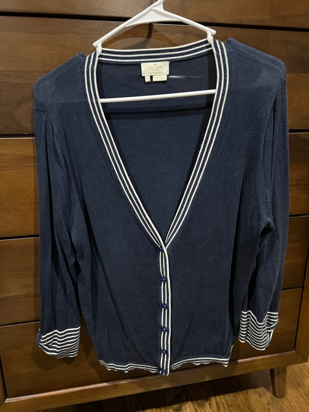 Kate Spade Navy V-Neck Button Cardigan with Stripe Trim
